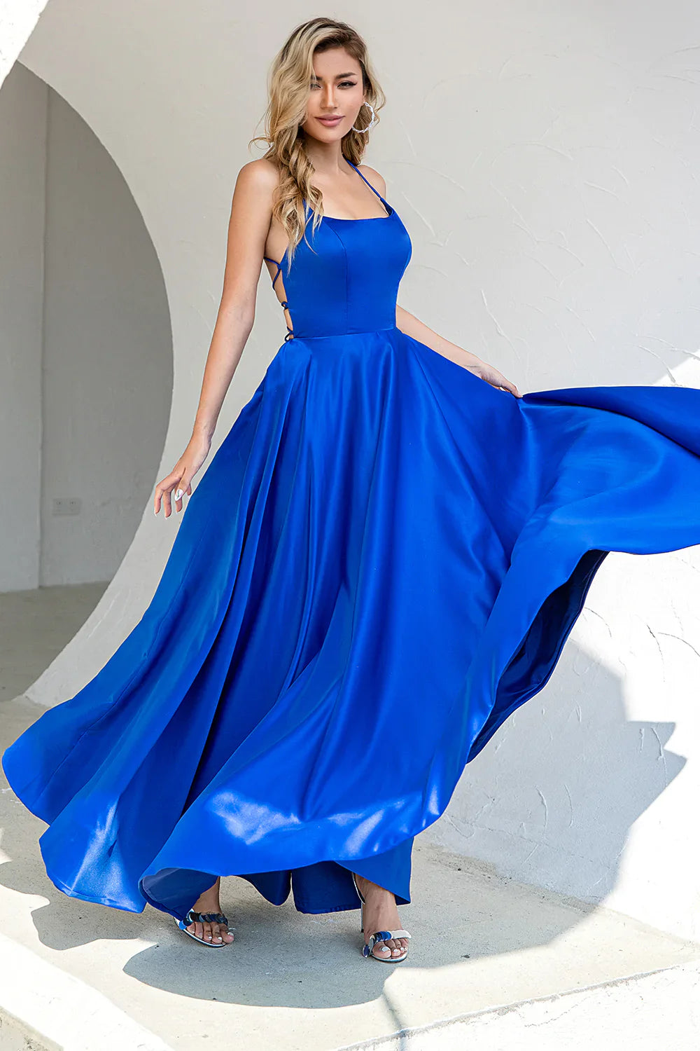 Royal Blue Backless Spaghetti Straps Satin Prom Dress