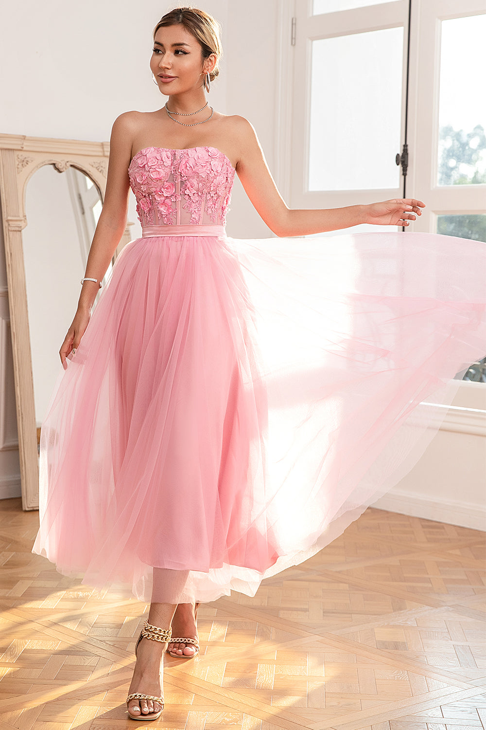 Gorgeous A Line Strapless Pink Prom Dress with Appliques