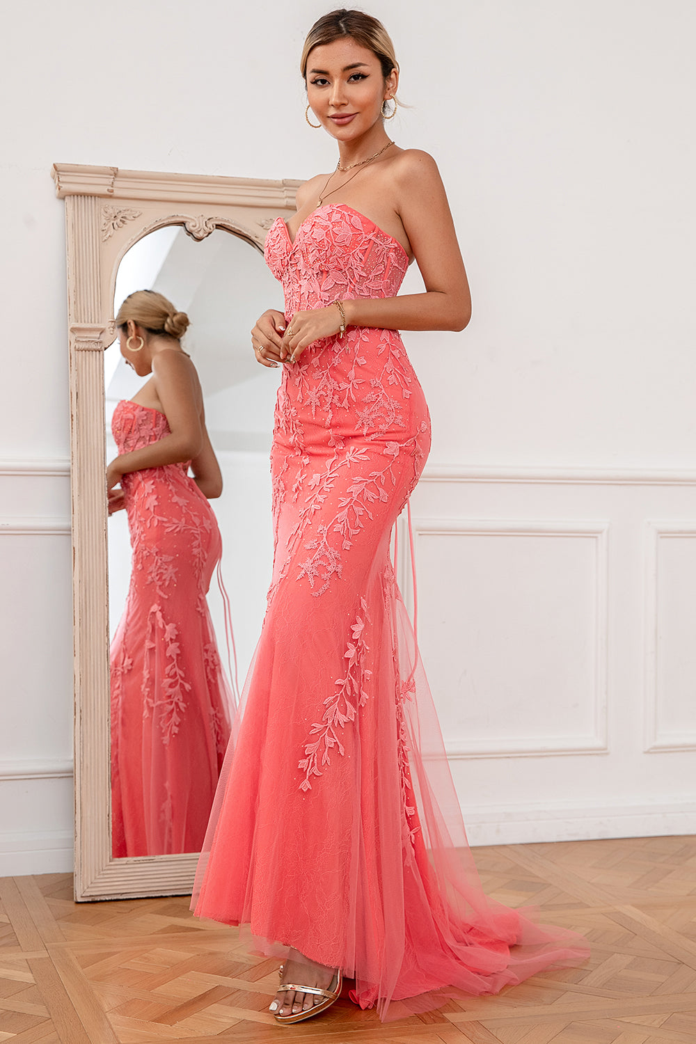 Coral Applique Tulle Prom Dress