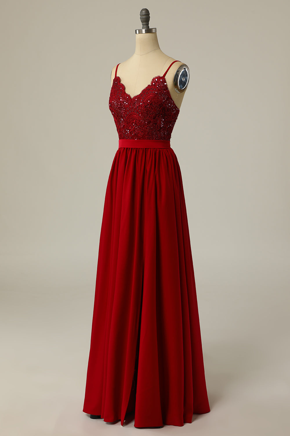 Burgundy Long Prom Dress with Beading Lace