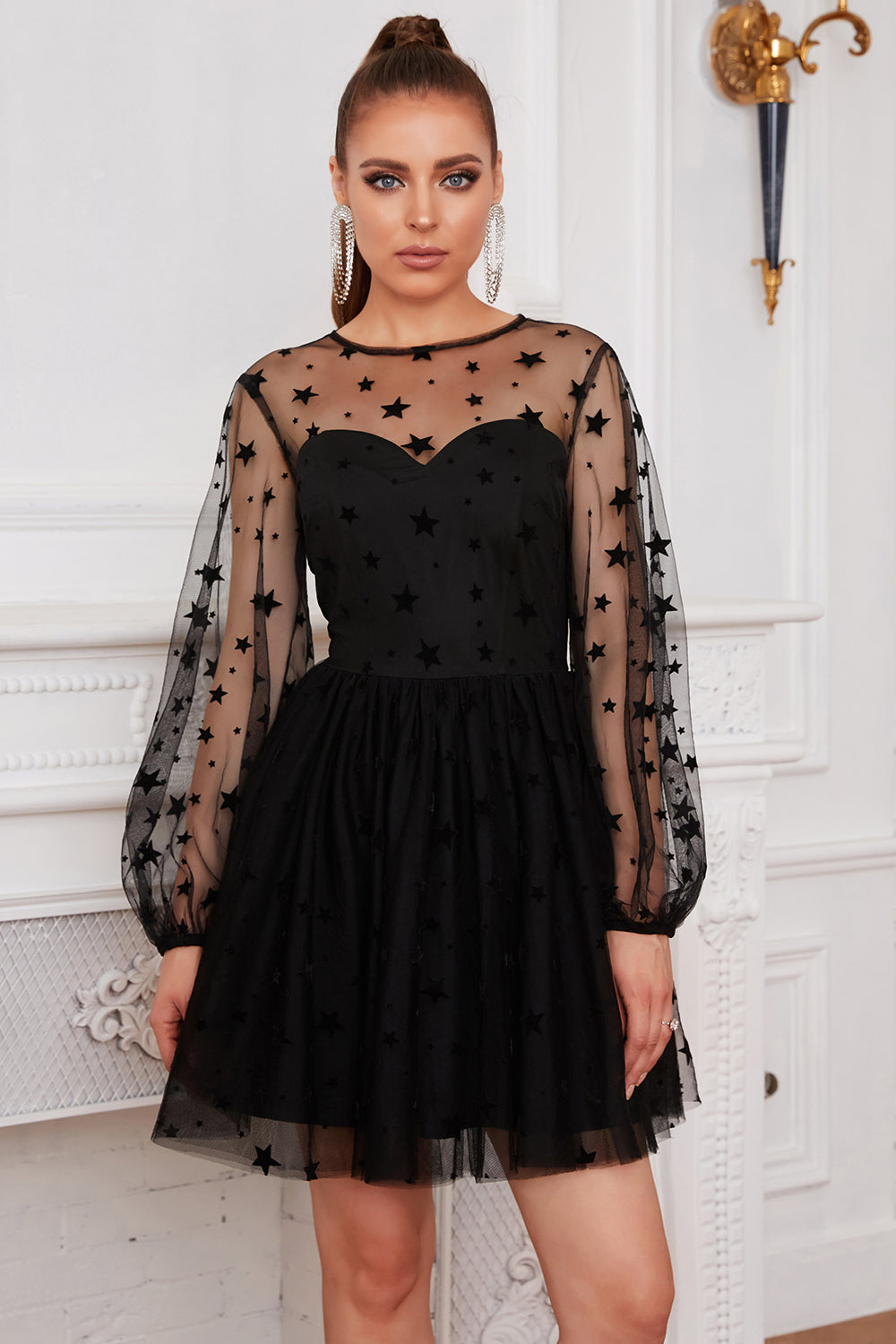 Long Sleeves Tulle Little Black Dress