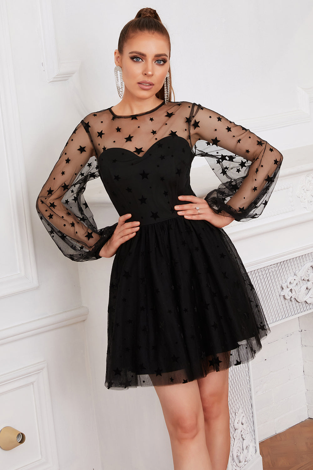 Long Sleeves Tulle Little Black Dress