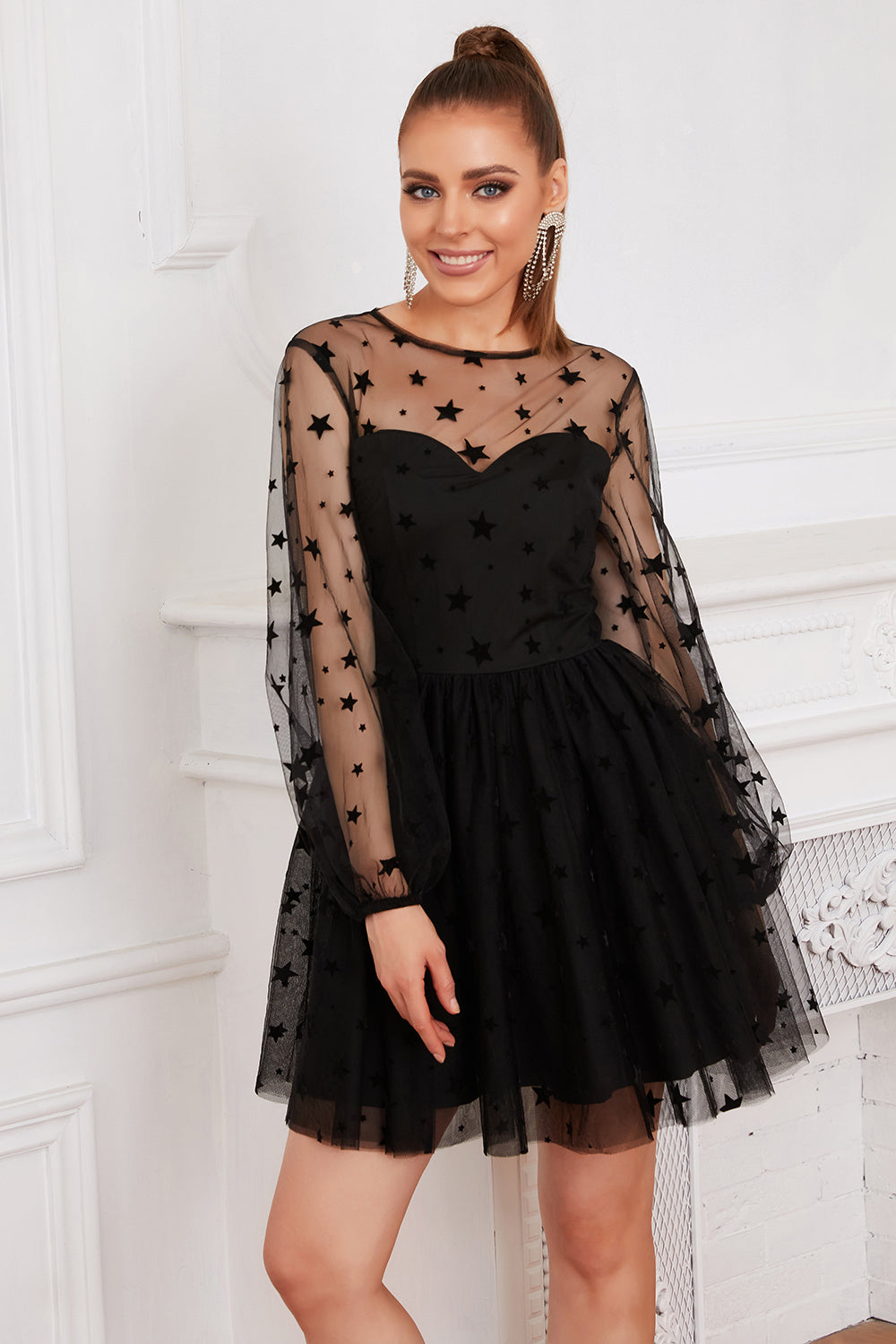 Long Sleeves Tulle Little Black Dress