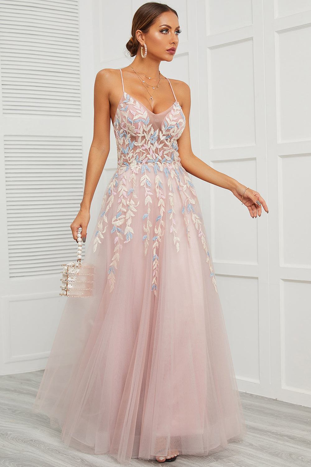 Spaghetti Straps Pink Tulle Prom Dress