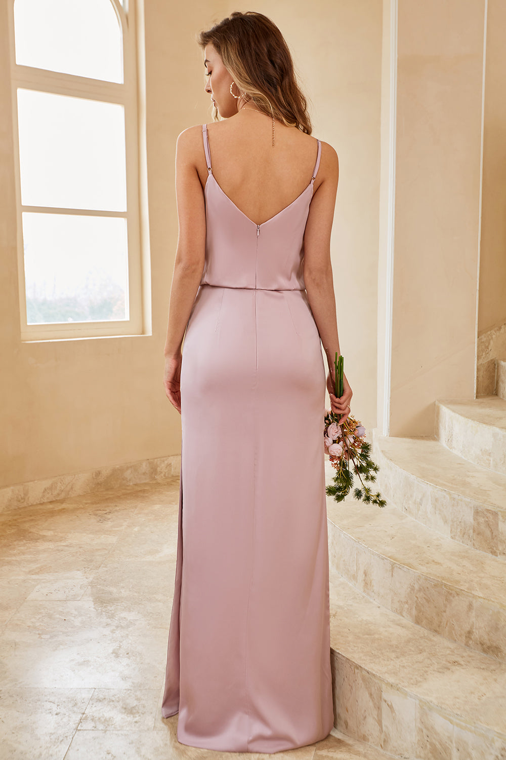 Spaghetti Straps Grey Pink Long Bridesmaid Dress