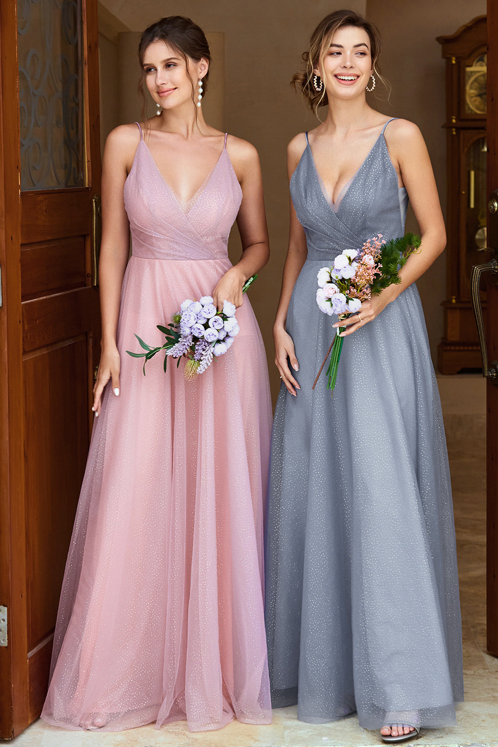 A Line Spaghetti Straps Grey Blue Long Bridesmaid Dress