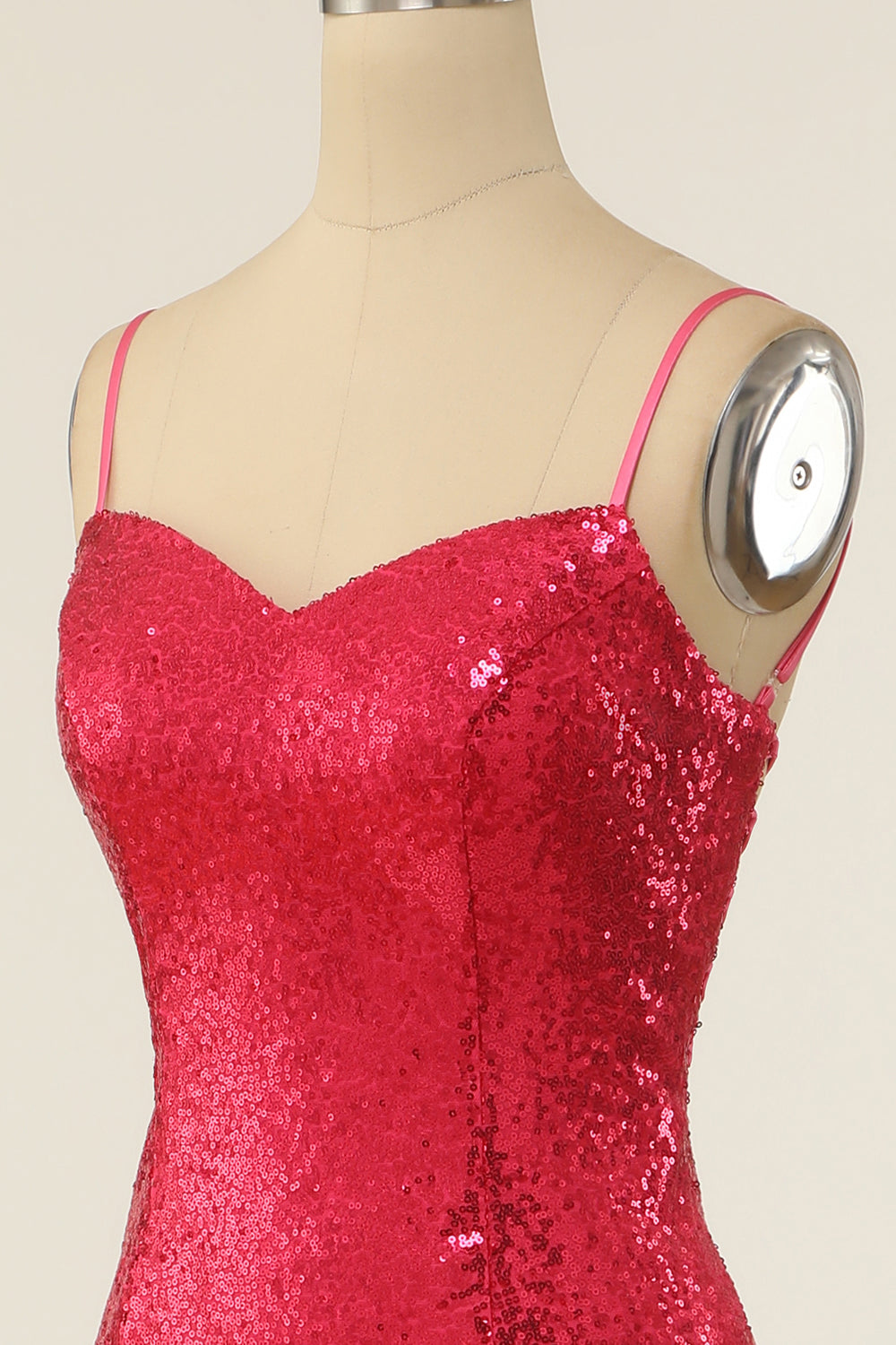 Sheath Spaghetti Straps Fuchsia Sequins Party Dress