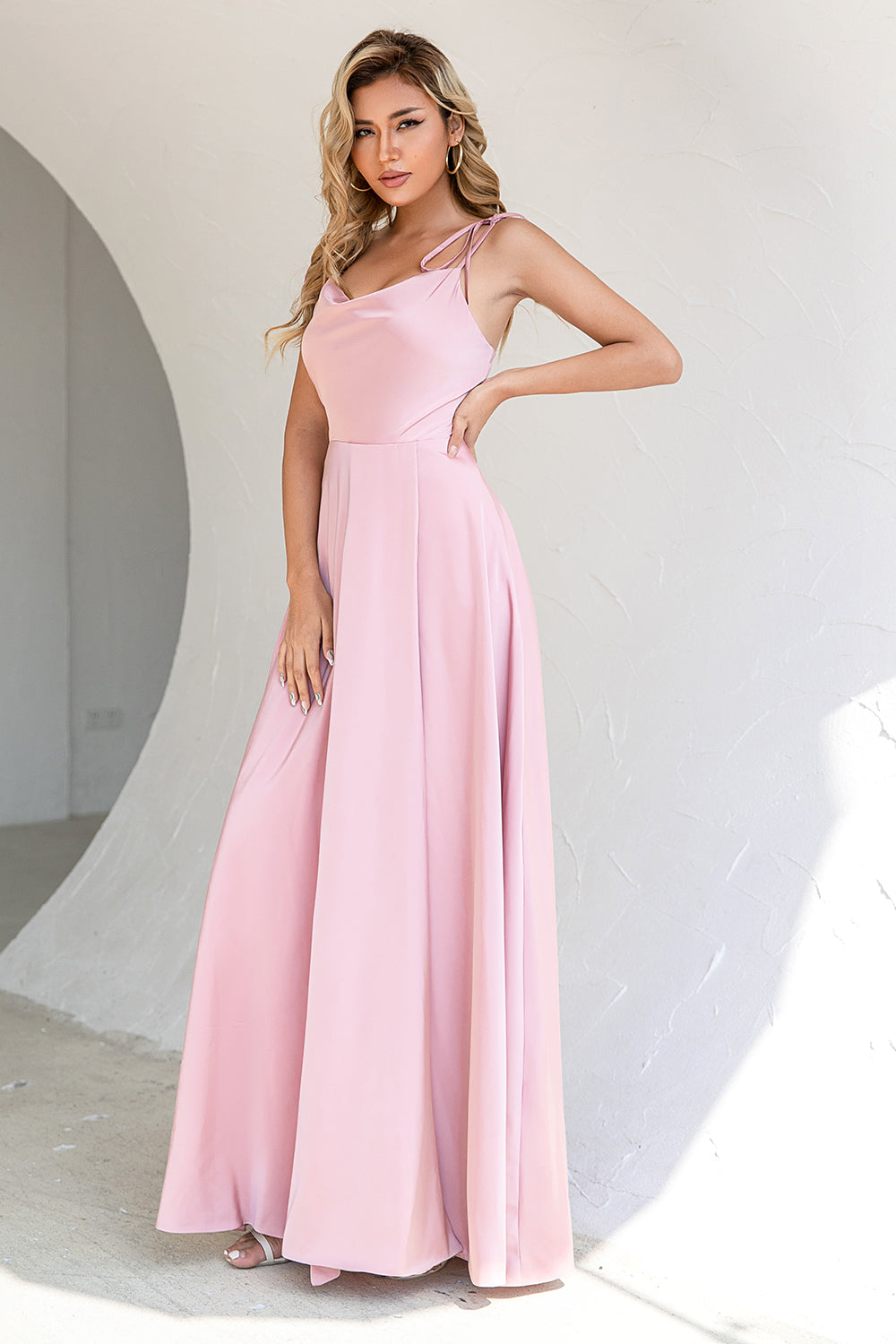 Blush Spaghetti Straps Long Prom Dress with Slit