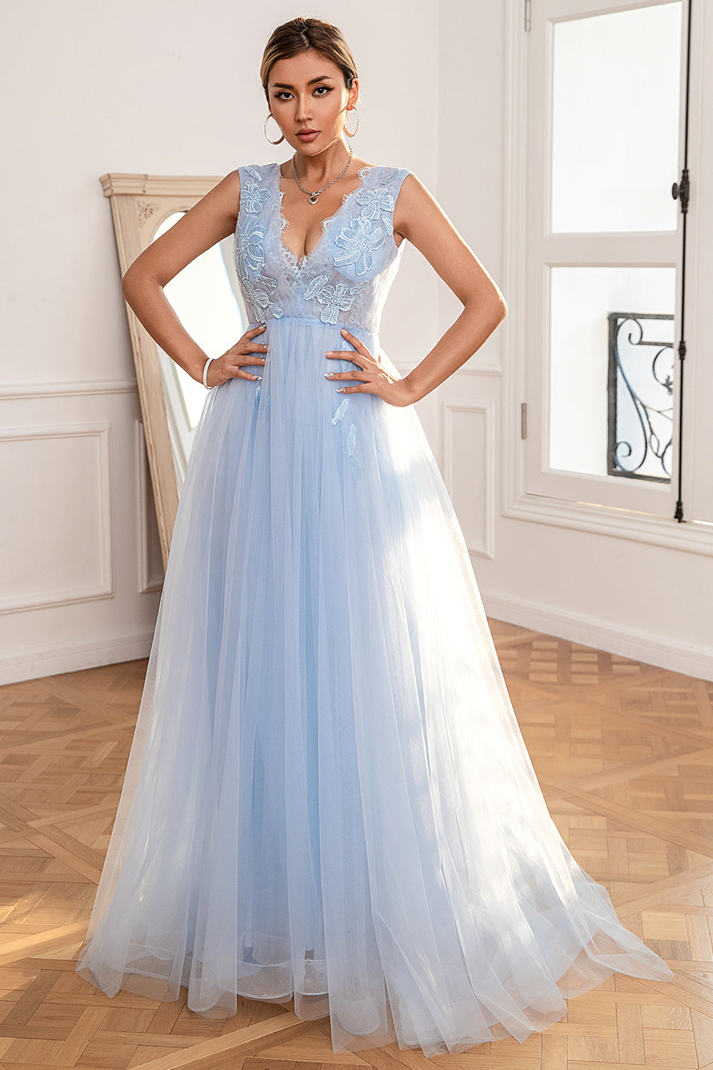 Light Blue Backless Long Prom Dress with Appliques