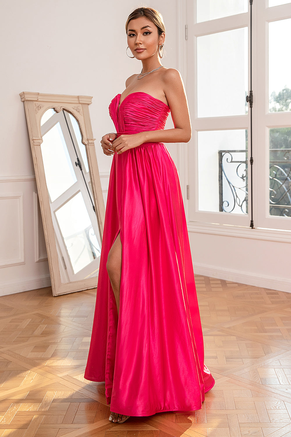 Fuchsia Strapless Prom Dress with Slit