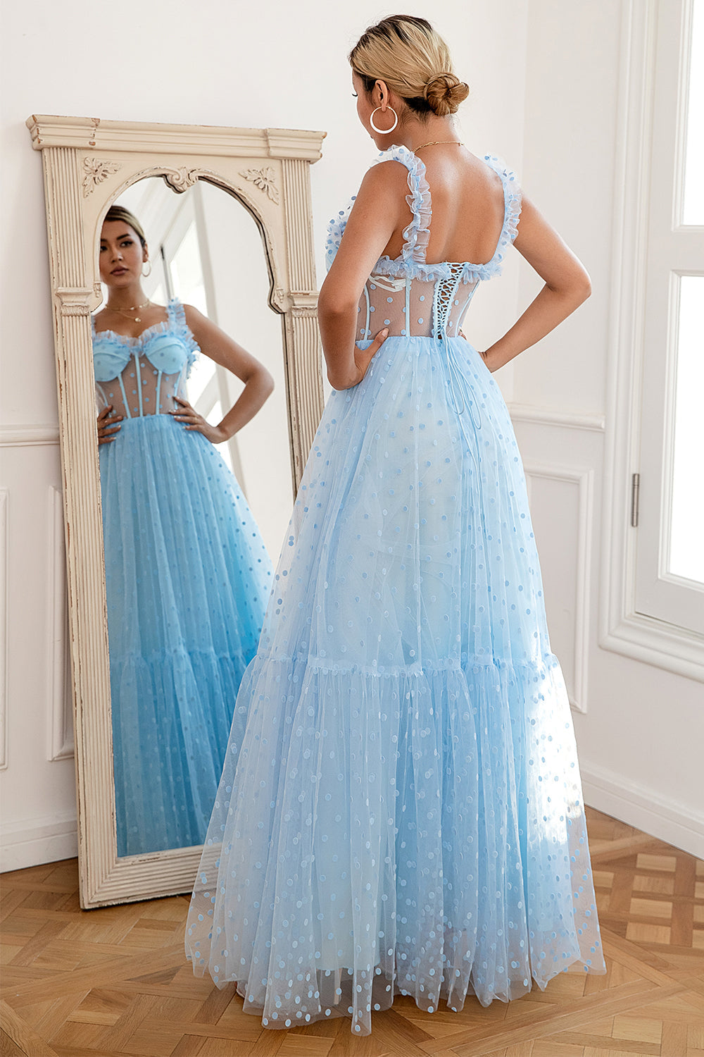 Sky Blue Polka Dots Tulle Prom Dress