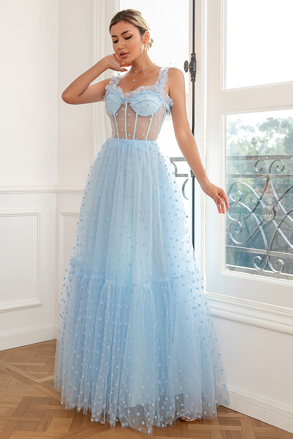 Sky Blue Polka Dots Tulle Prom Dress