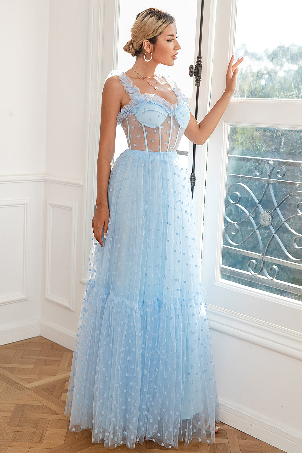 Sky Blue Polka Dots Tulle Prom Dress