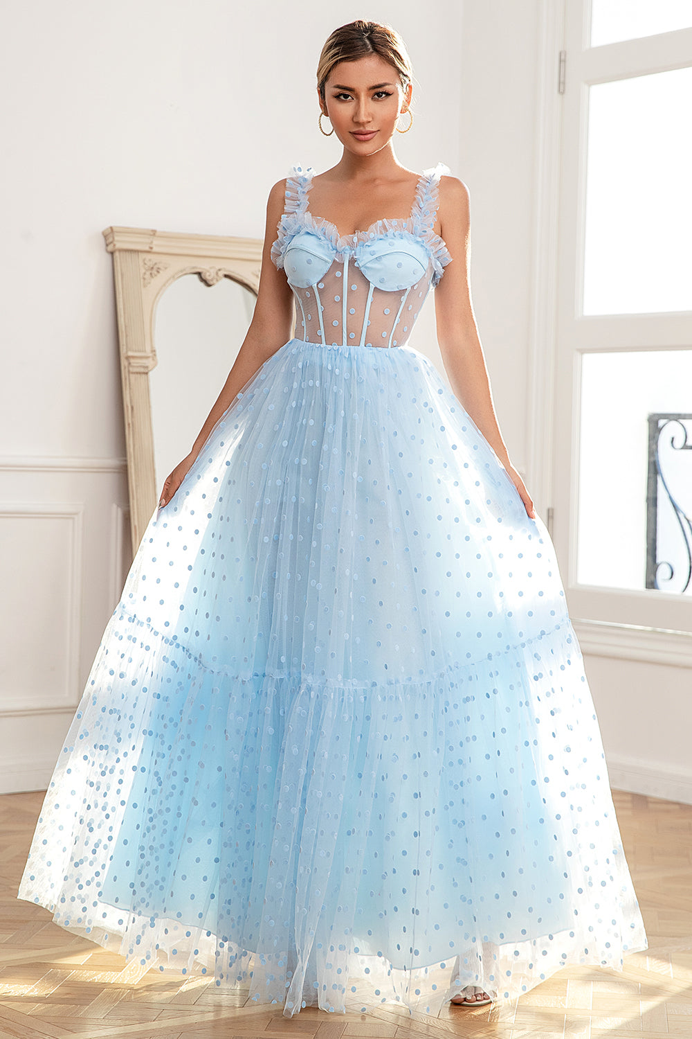 Sky Blue Polka Dots Tulle Prom Dress