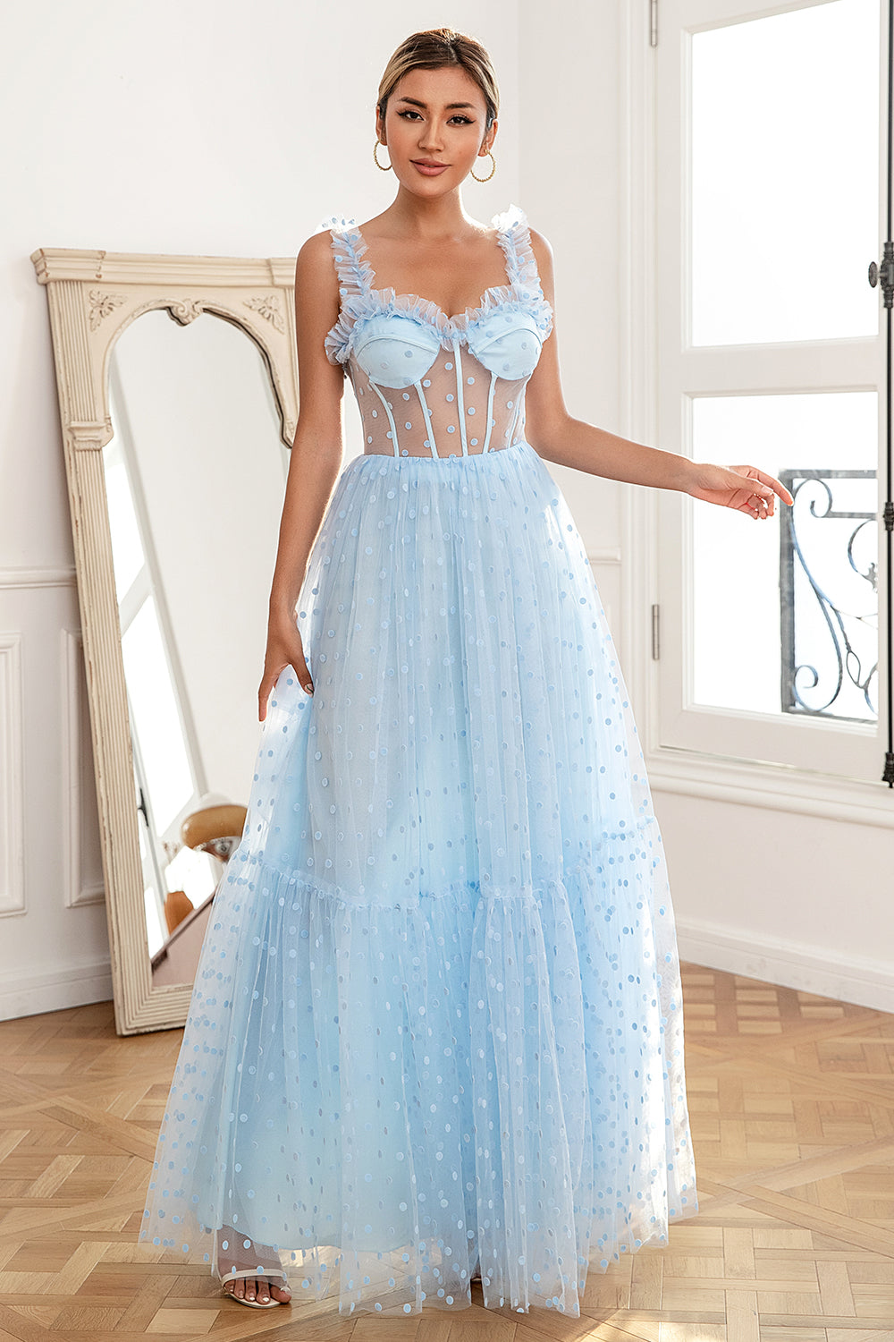 Sky Blue Polka Dots Tulle Prom Dress