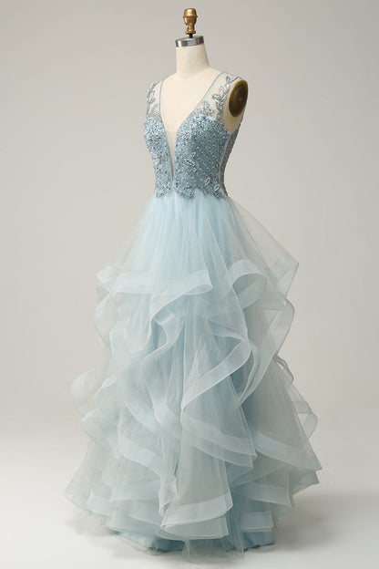 Beaded Light Blue V-Neck Tulle Prom Dress