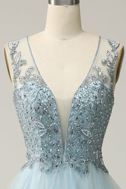 Beaded Light Blue V-Neck Tulle Prom Dress