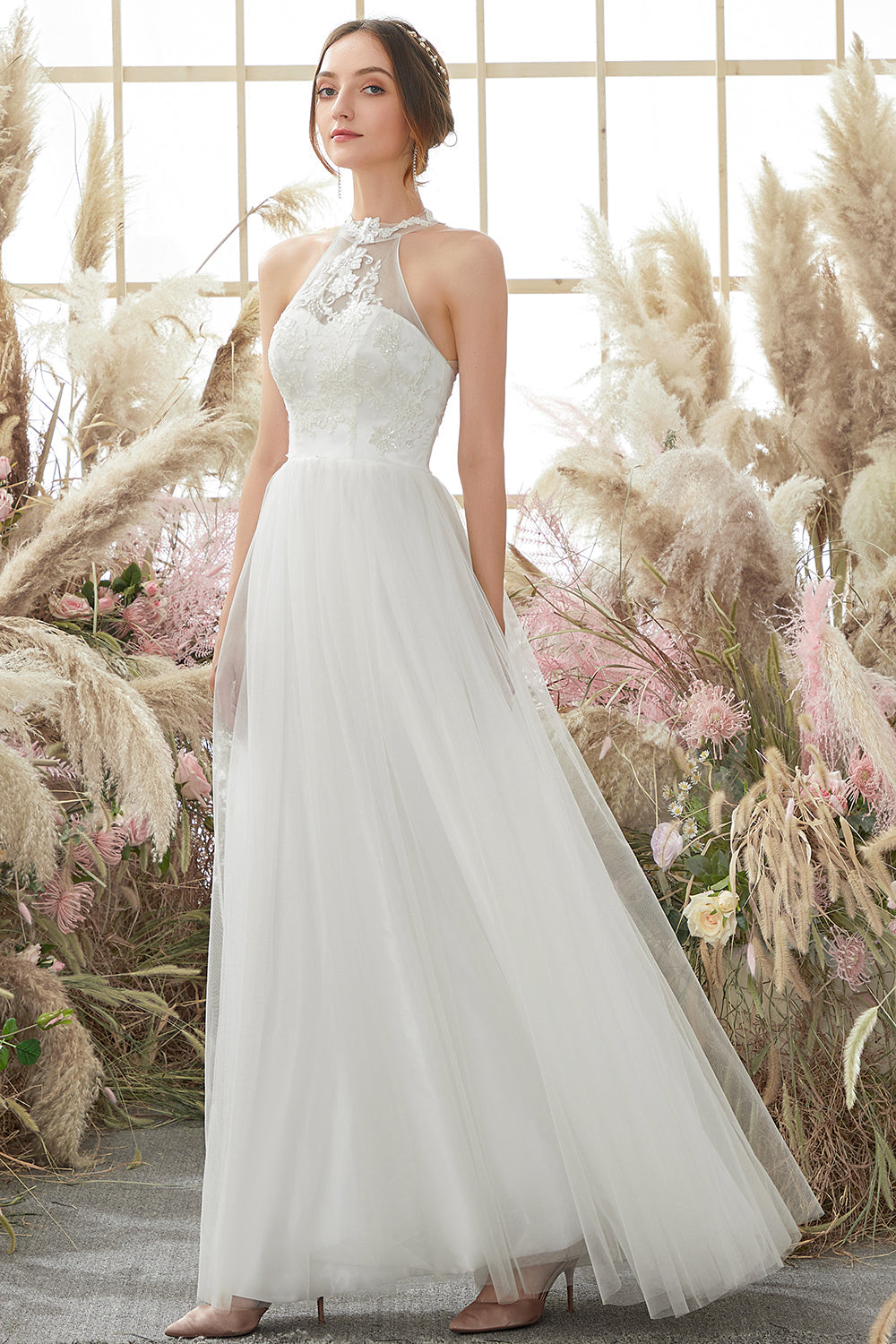 White Halter Neck Wedding Dress