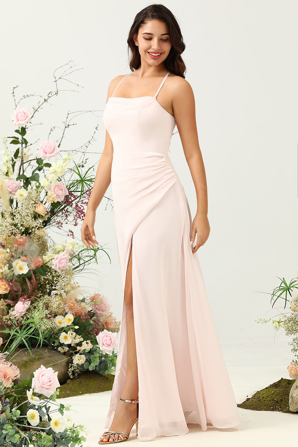 Pink Mermaid Chiffon Long Bridesmaid Dress with Slit