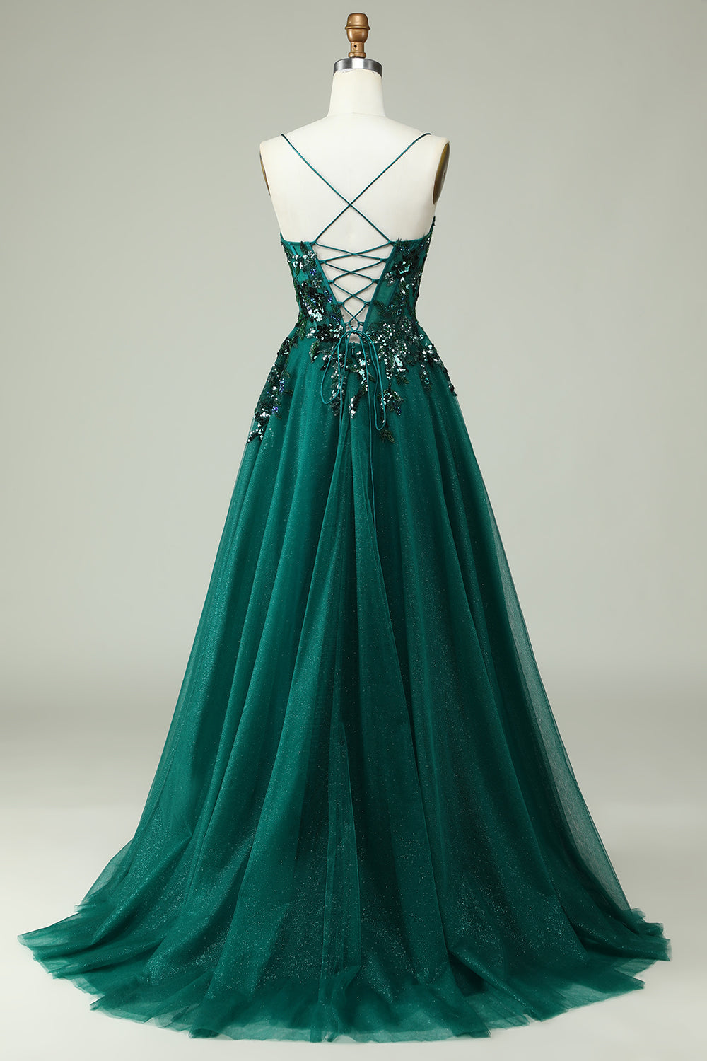 A Line Spaghetti Straps Dark Green Corset Prom Dress with Appliques