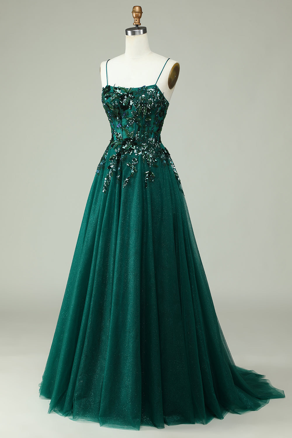 A Line Spaghetti Straps Dark Green Corset Prom Dress with Appliques