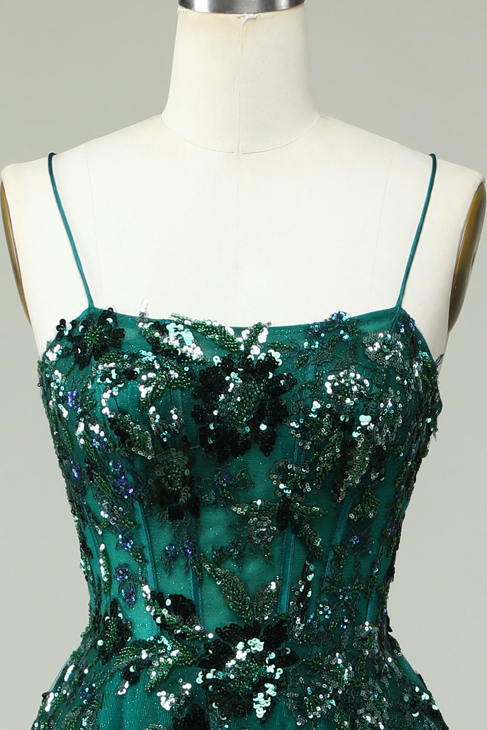 A Line Spaghetti Straps Dark Green Corset Prom Dress with Appliques