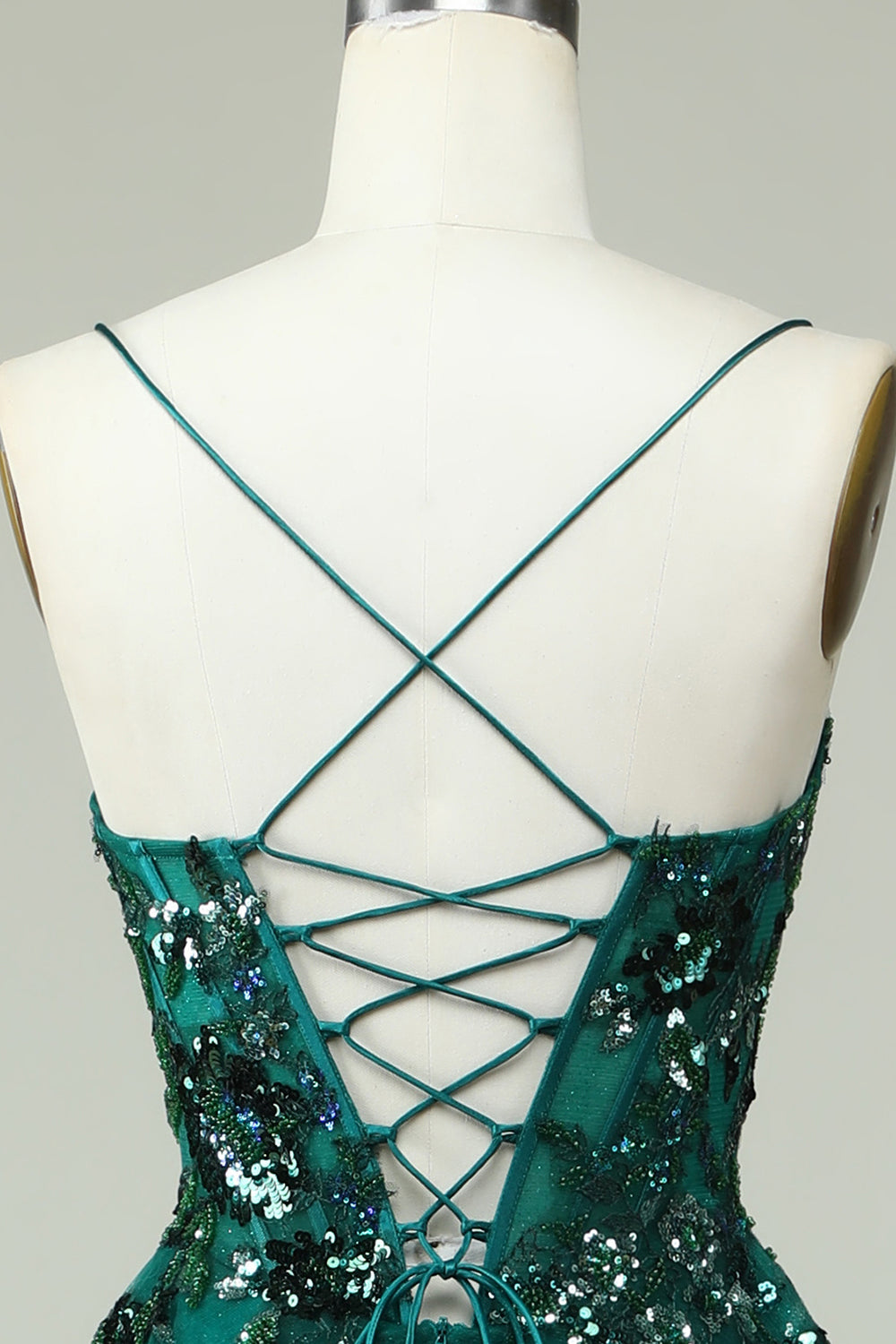 A Line Spaghetti Straps Dark Green Corset Prom Dress with Appliques