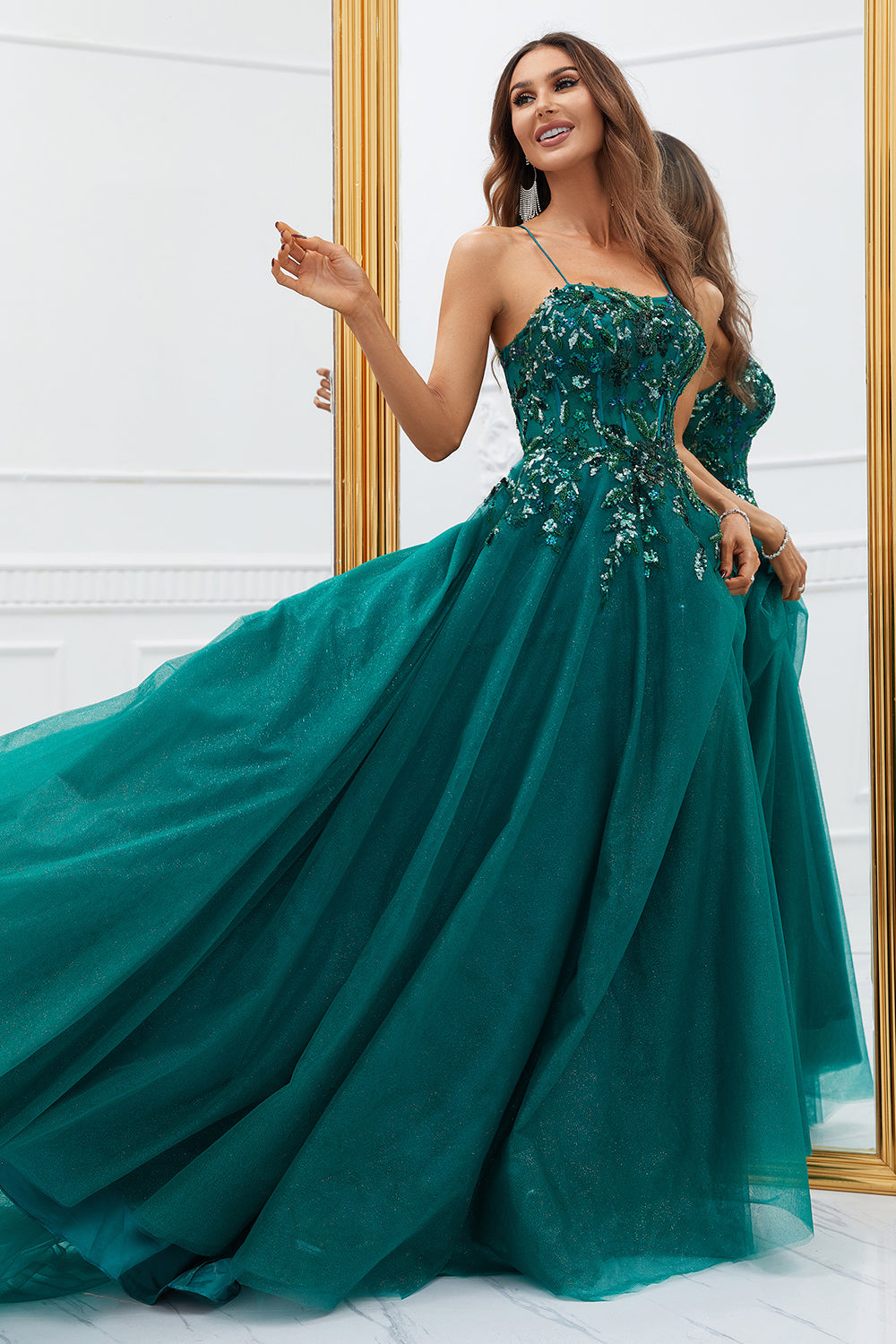 Sparkly Dark Green Tulle Long Prom Dress with Appliques