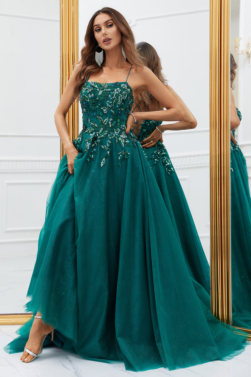 Sparkly Dark Green Tulle Long Prom Dress with Appliques