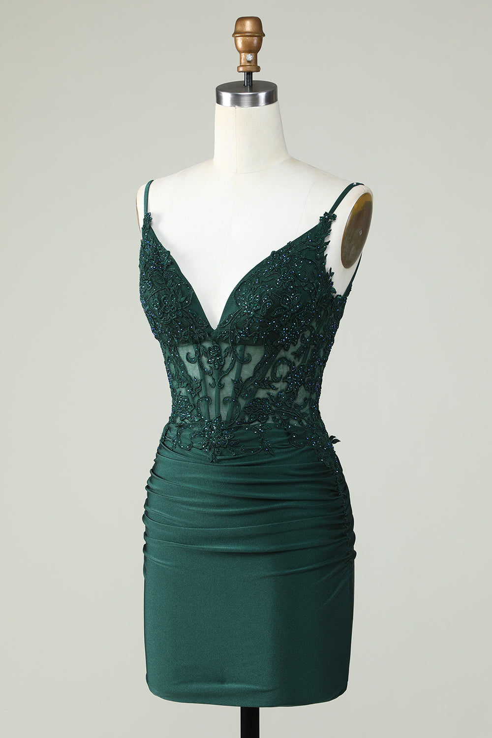 Spaghetti Straps Dark Green Corset Party Dress with Beading