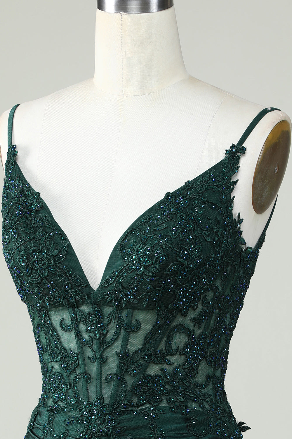 Spaghetti Straps Dark Green Corset Party Dress with Beading