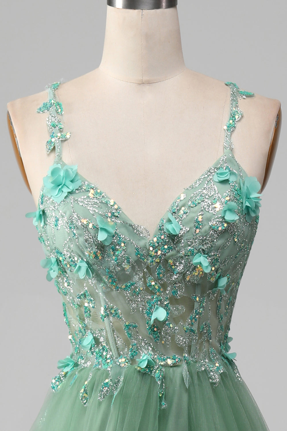 Sparkly Green A-Line Spaghetti Straps Corset Prom Dress With Appliques