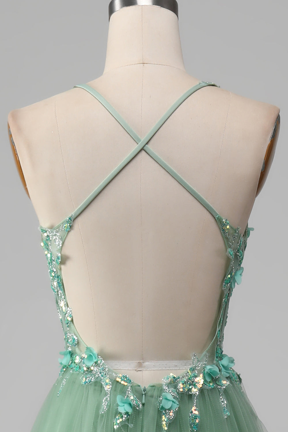 Sparkly Green A-Line Spaghetti Straps Corset Prom Dress With Appliques