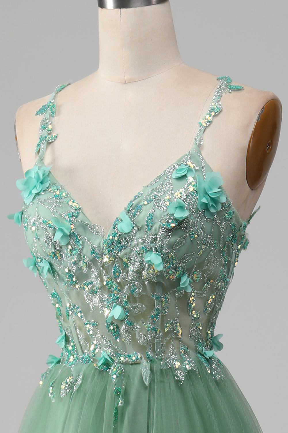 Sparkly Green A-Line Spaghetti Straps Corset Prom Dress With Appliques