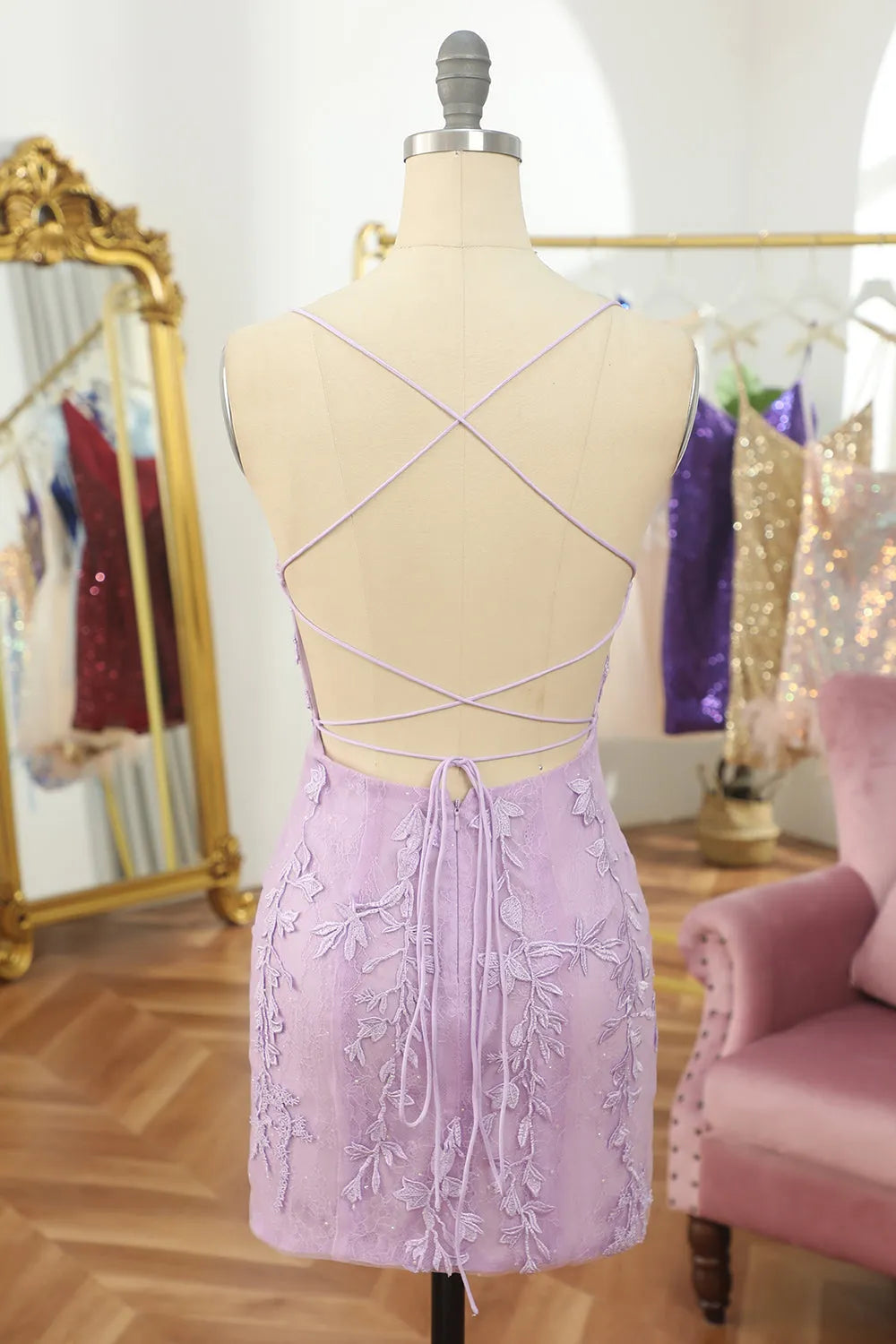 Purple Spaghetti Straps Backless Tight Homecoming Dress With Appliques