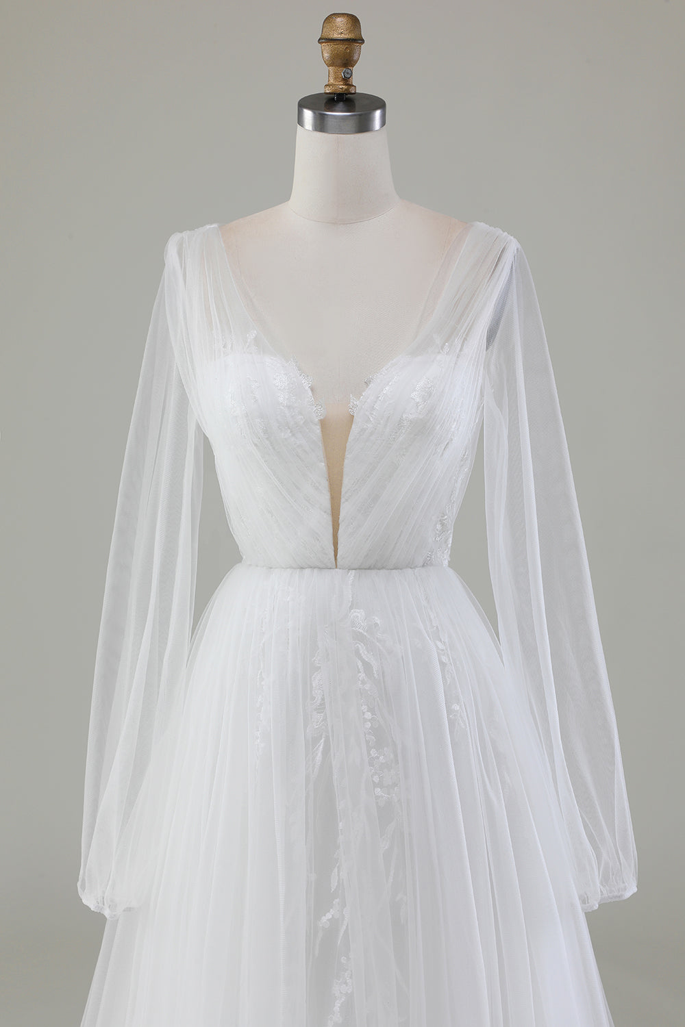 Ivory A-Line V-Neck Pleated Tulle Wedding Dress With Long Sleeves