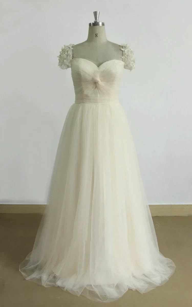 A-Line Cap Sleeve Sweetheart Tulle Sweep Train Long Wedding Dress