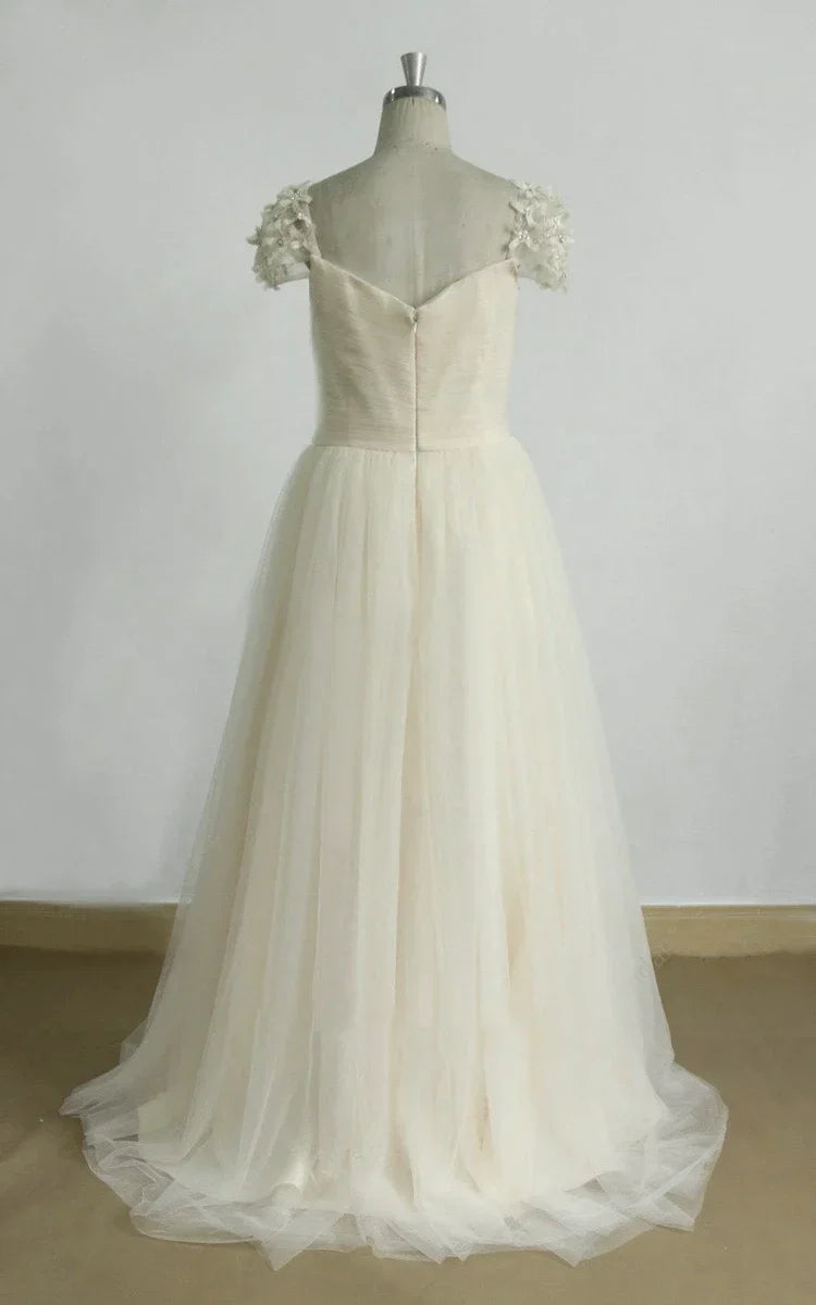 A-Line Cap Sleeve Sweetheart Tulle Sweep Train Long Wedding Dress