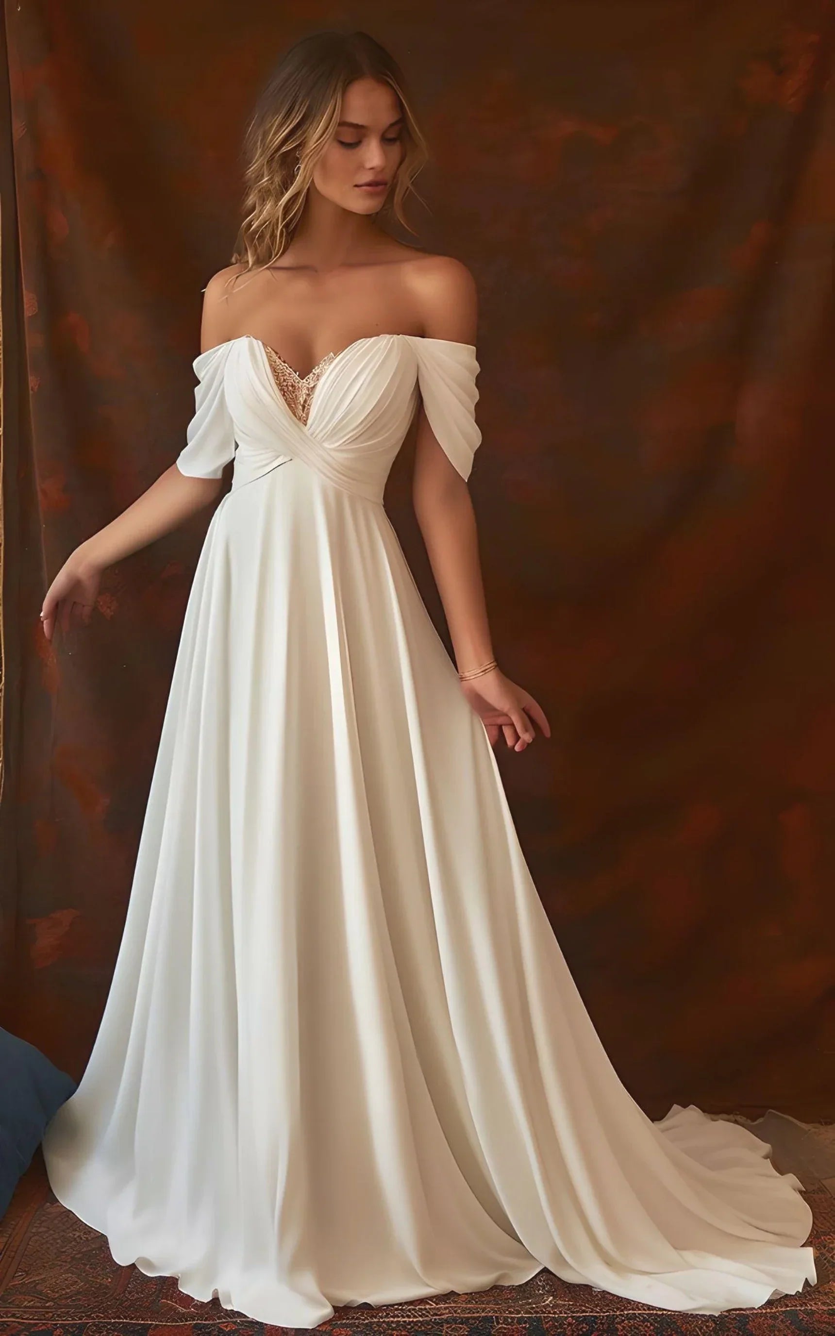 A-Line Chiffon Sleeveless Off-the-Shoulder Wedding Dress with Ruching Floor Length