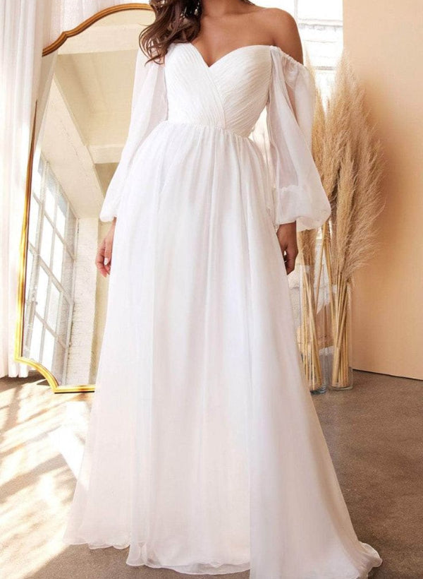 A-Line Off-the-Shoulder Long Sleeves Chiffon Floor-Length Wedding Dress