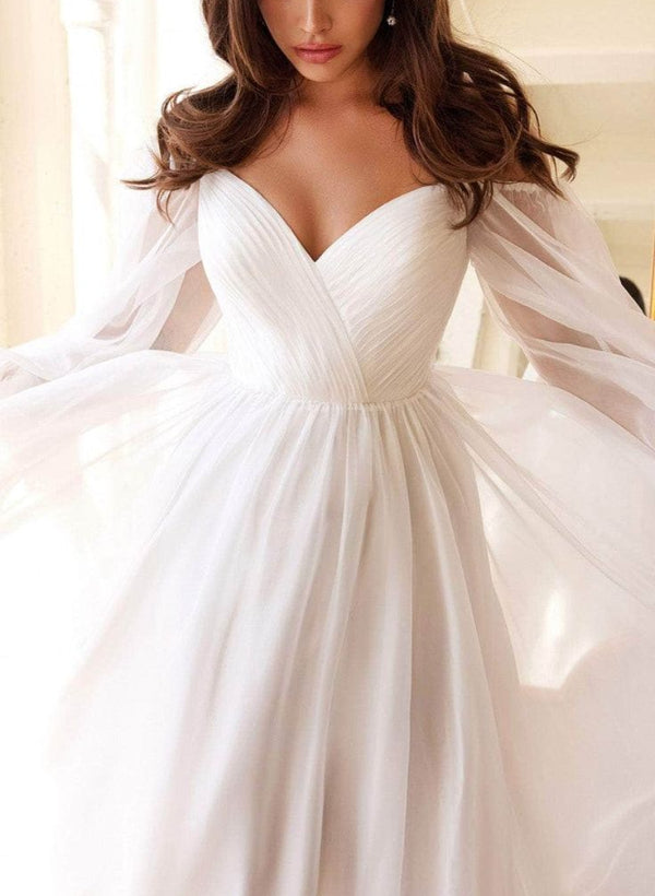 A-Line Off-the-Shoulder Long Sleeves Chiffon Floor-Length Wedding Dress