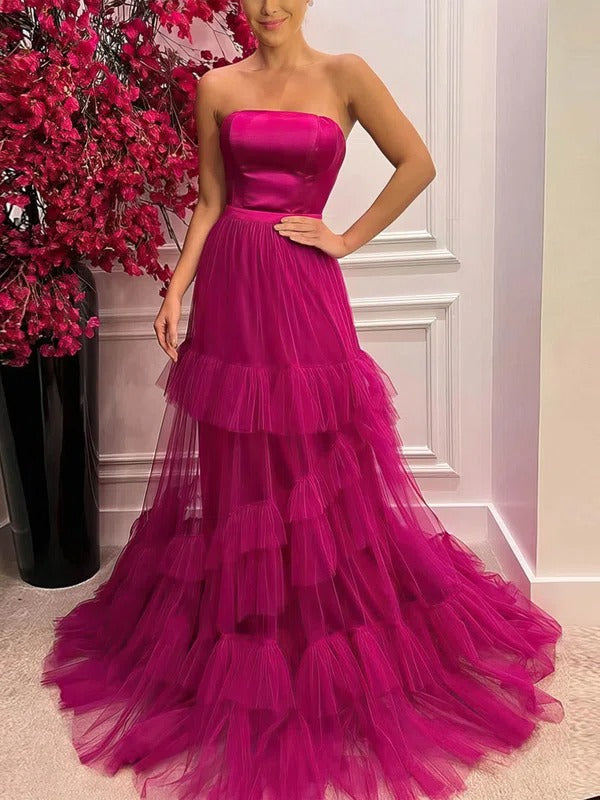 Stunning Unique Tulle Sweetheart Neckline  A-line Long Satin Prom Dresses