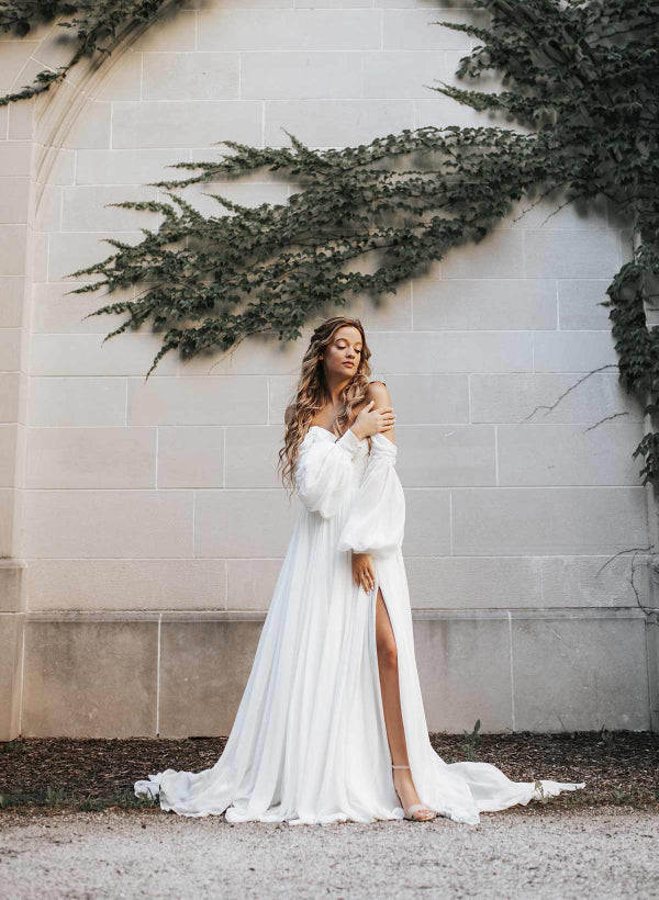 Aisling | A-Line Sweetheart Long Sleeves Chiffon Sweep Train Wedding Dress