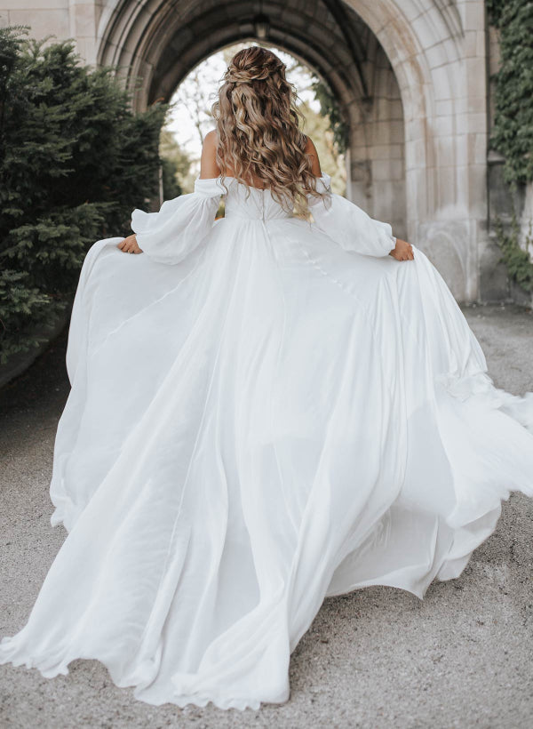 Aisling | A-Line Sweetheart Long Sleeves Chiffon Sweep Train Wedding Dress