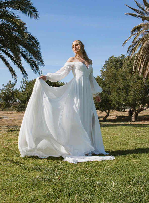 Aisling | A-Line Sweetheart Long Sleeves Chiffon Sweep Train Wedding Dress