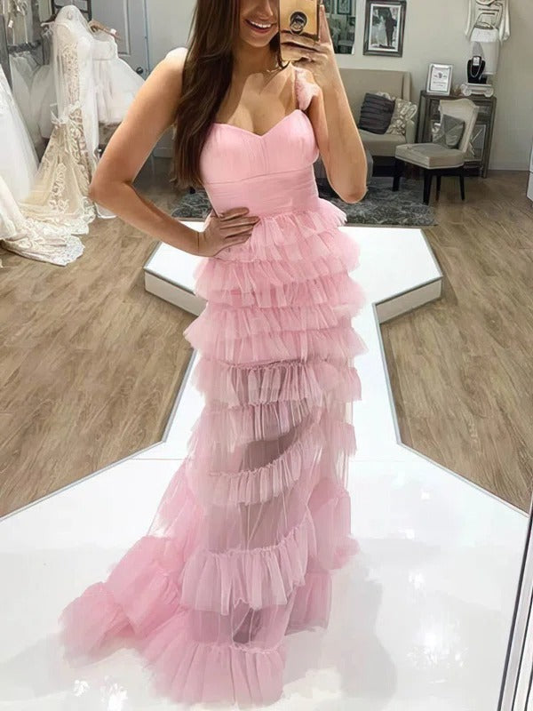 Dreamy Spaghetti Straps A-line Evening Dresses Tiered Tulle Prom Dress