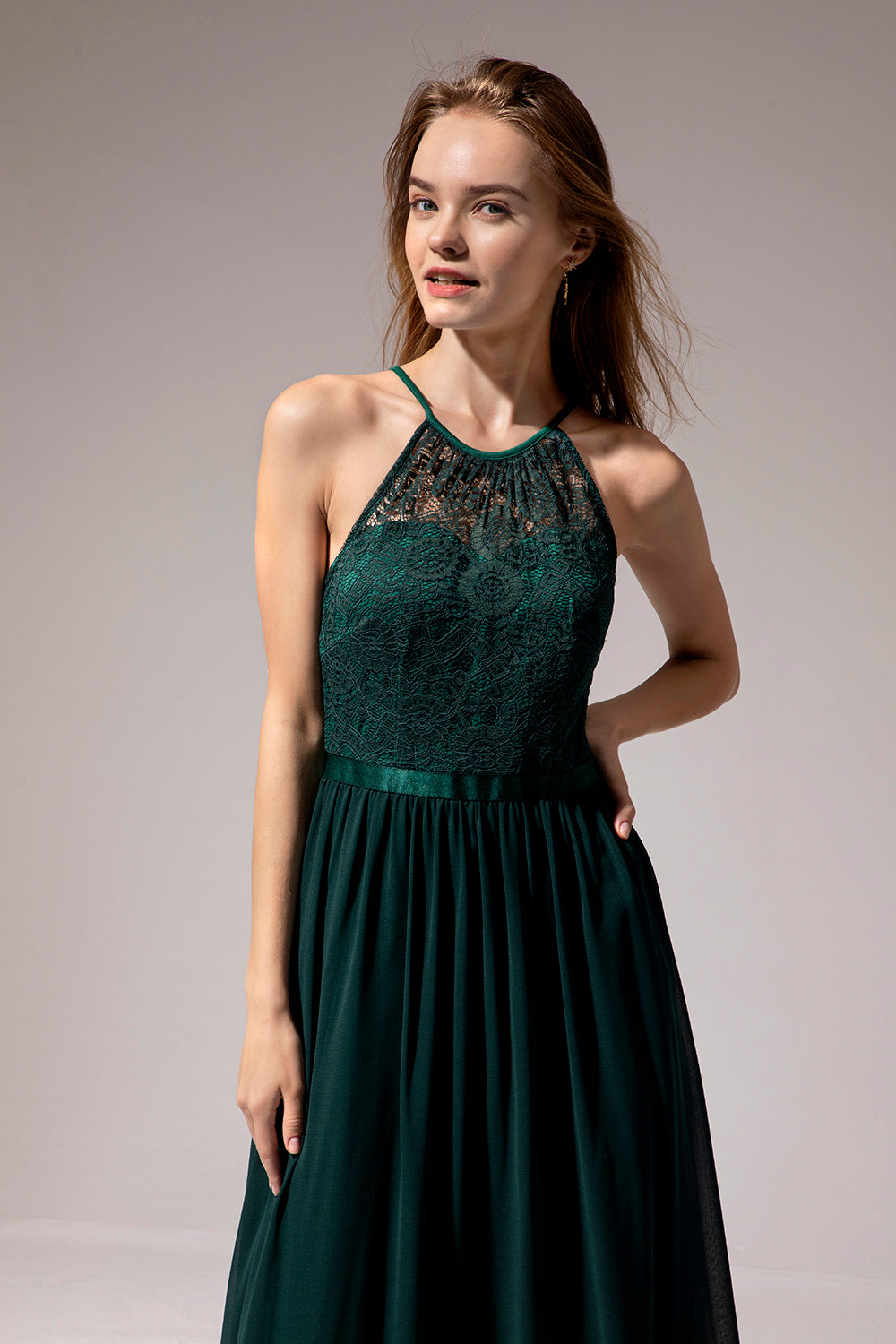 Dark Green Chiffon Lace Bridesmaid Dress