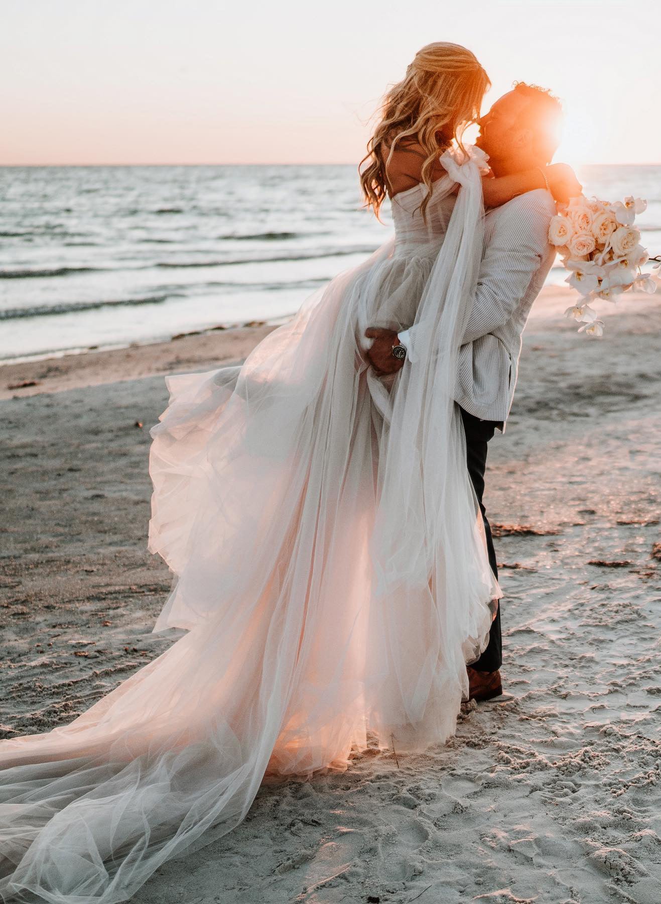 Kaydra | Beach Pleated Tulle Off-The-Shoulder A-Line Wedding Dresses With Slit