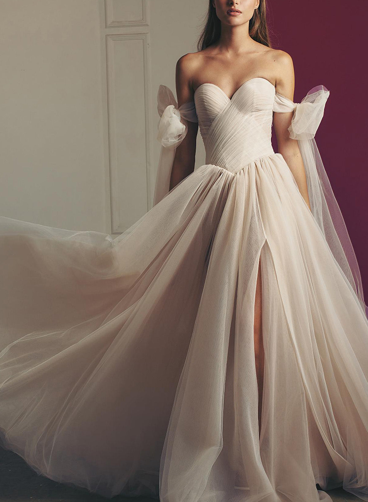 Kaydra | Beach Pleated Tulle Off-The-Shoulder A-Line Wedding Dresses With Slit