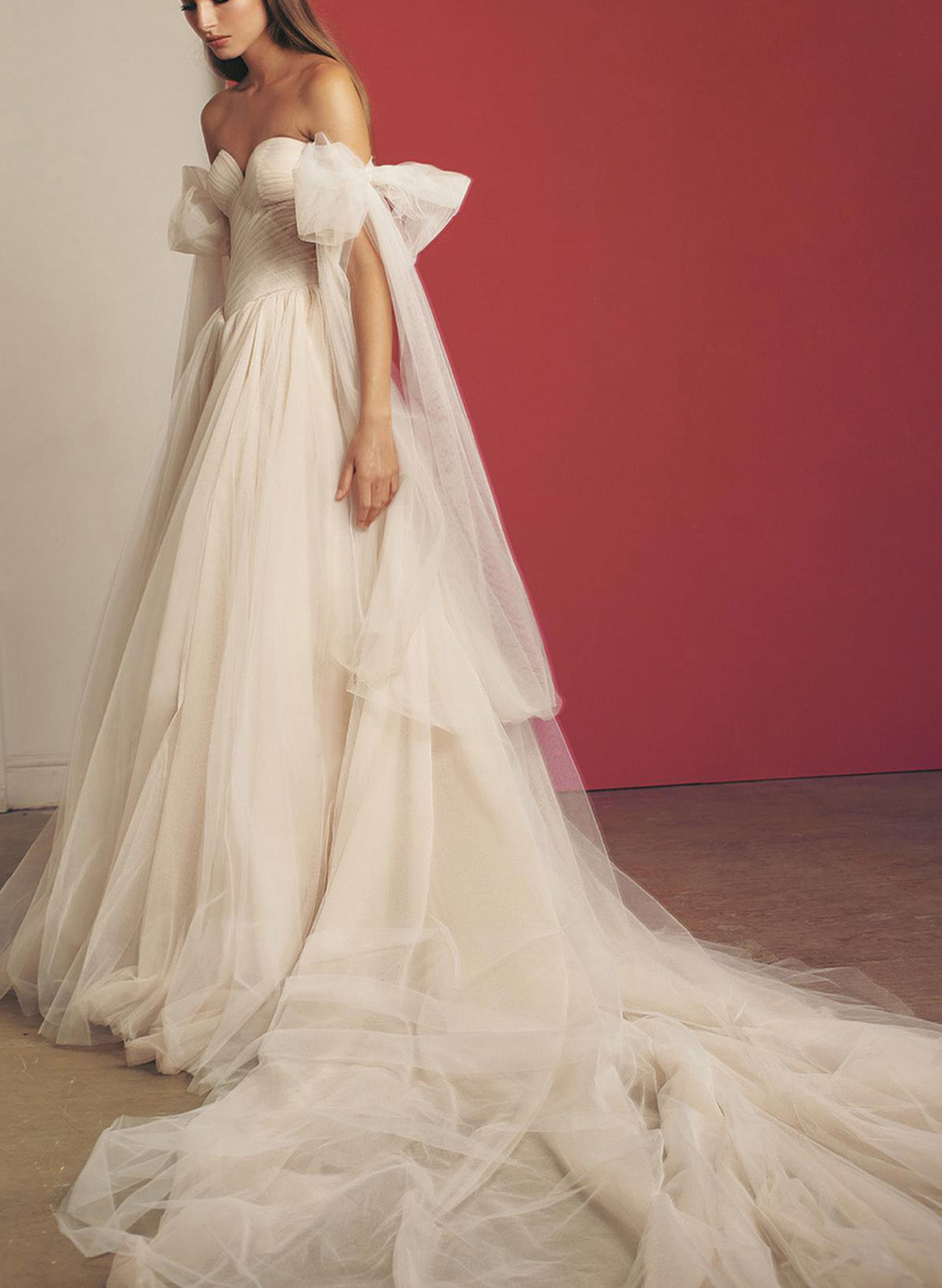 Kaydra | Beach Pleated Tulle Off-The-Shoulder A-Line Wedding Dresses With Slit